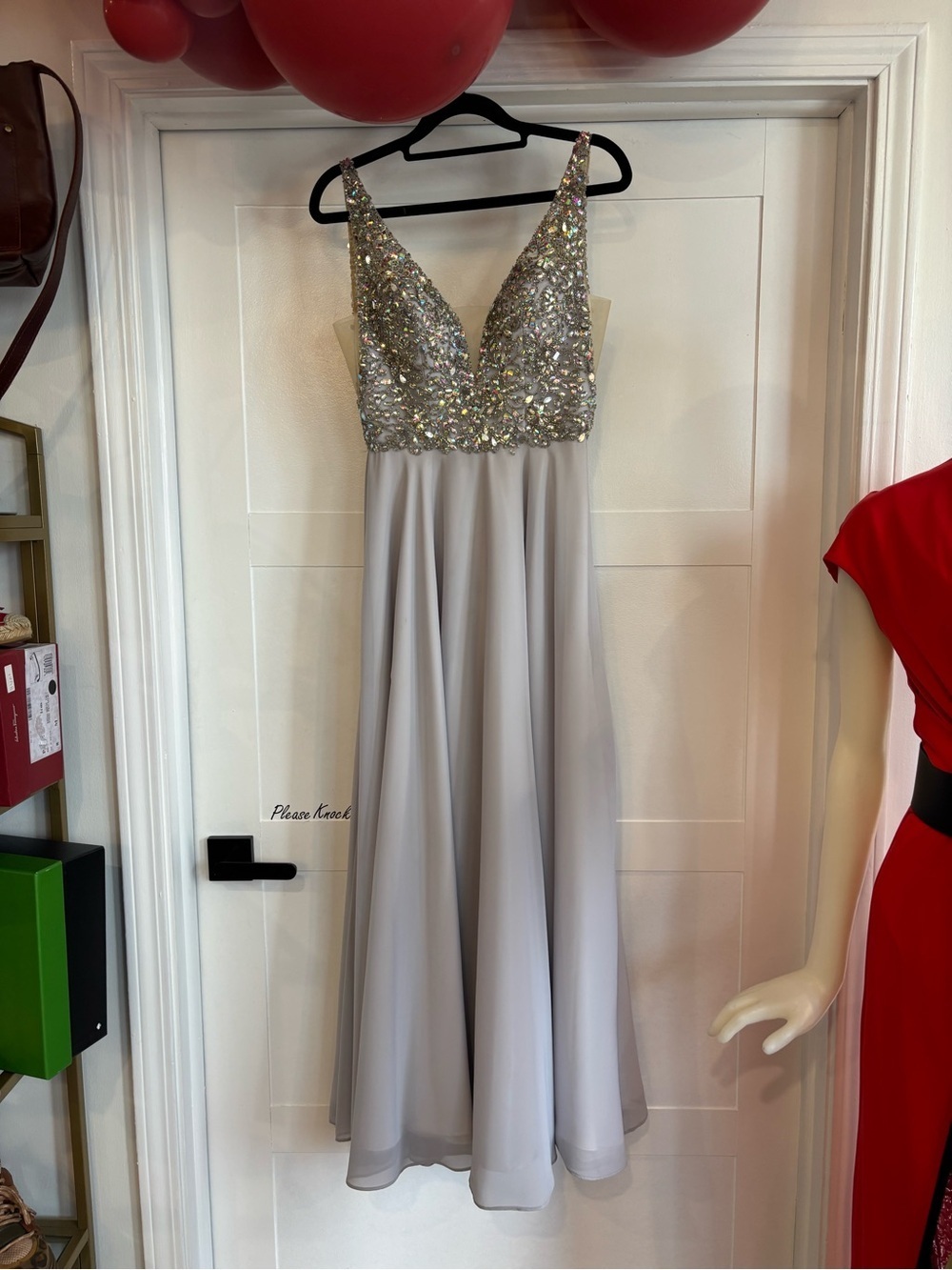 Tiffany Designs Silver Beaded V-Neck Maxi Dress